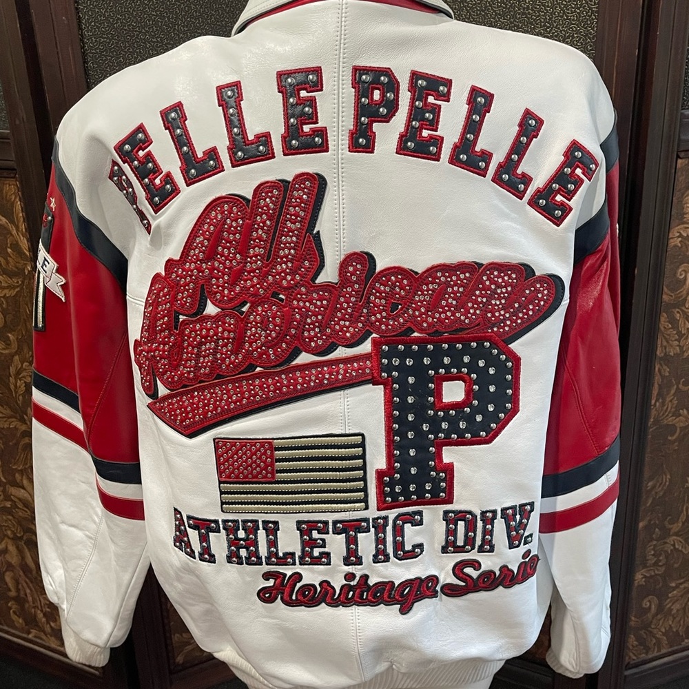 Red and white vintage, Pelle Pelle, leather bomber jacket